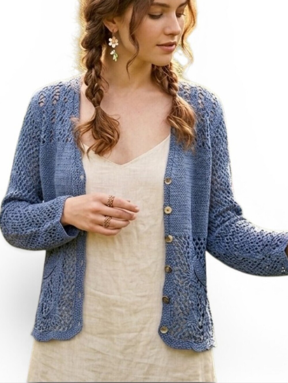 Vintage Tiara International Blue Crochet Knit Cardigan Sweater M Boho Whimsygoth